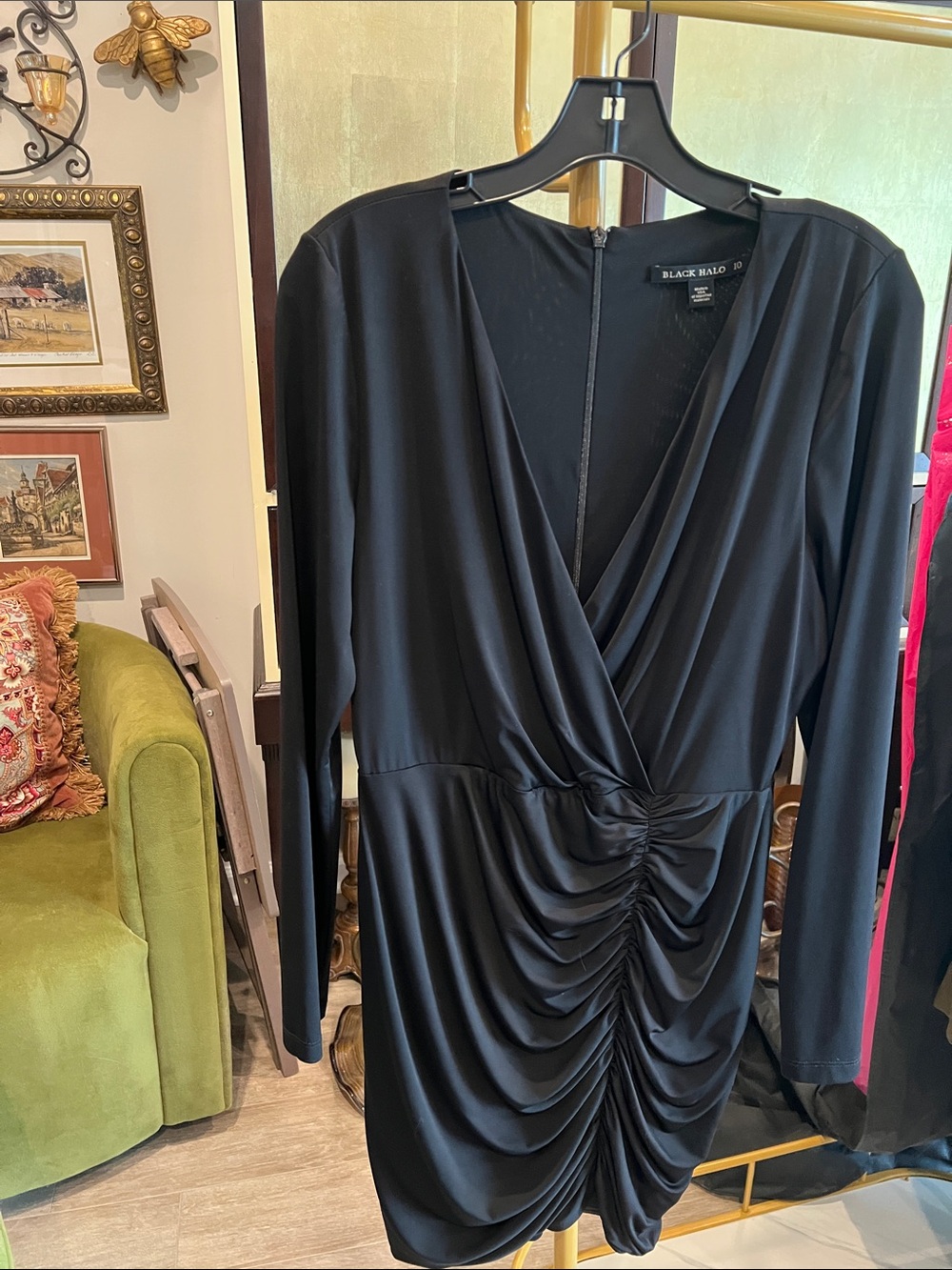 Black Halo Black Long-Sleeve Ruched Wrap Dress